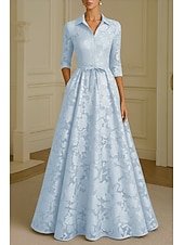 economico Lunghezza del pavimento-Linea ad A Lunghezza al pavimento Abito Camicia Abito Formale Abito da sera Abito da cerimonia per signora Manica Lunga Colletto a Camicia Elegante Vintage Formale Raso Jacquard con Fiocco/Fiocchi