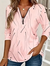 billiga Randig och geometrisk t-shirt-Dam T-shirt Dragkedja Mönster Grafisk Geometrisk Vintage Mode Stylish Långärmad Rund hals V-hals Vanliga toppar Dagligen Blå Vit Gul Rodnande Rosa Rubinrött Vår Höst Vinter