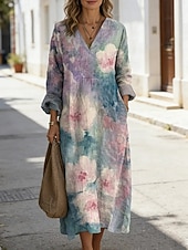 abordables Robes fleuries-Femmes Robe Midi Robe fourreau Occasionnel Quotidien Sortir Coupe Ample Fleuri Graphique Tropical manche longue Col en V Bleu Rose Claire Rouge Été Printemps