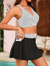 Недорогие Бикини-Женский бикини из 2-х частей Купальник Юбка Узкий Без спины Отпуск Пляжная одежда Полосатый V-образный вырез Без рукавов