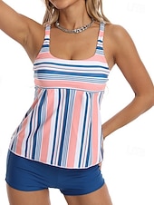 economico Surfing Tankinis &amp; Bikinis-Per donna Costume da bagno Tankini Costume da bagno a due pezzi A righe Controllo della Pancia Elastico Senza Maniche Costume da Bagno Surf Spiaggia Vacanze Estate