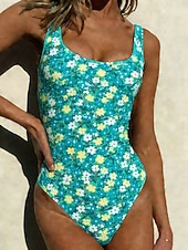 baratos Fatos de Banho 1 Peça-Mulheres Roupa de Banho Uma pedaço Slip roupa de banho Roupa de Praia Verão Floral Gráfico Decote U Sem Manga Fatos de banho