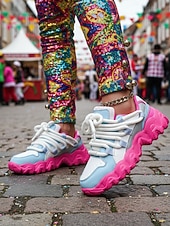 economico Sneakers da donna-Sneaker Chunky Blocco Colorato Verde e Bianco da Donna per Mardi Gras con Lacci in Cordoncino – Scarpe Platform Vivaci per Carnevale Feste anni '90 e Moda Urbana