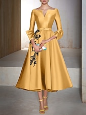 cheap Cocktail Dresses-A-Line Tea Length Cocktail Dresses Party Dresses Elegant Floral 3/4 Length Sleeve V Neck Wedding Wedding Guest Satin with Bow(s) Appliques