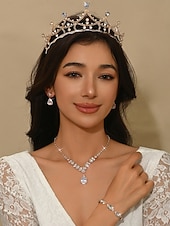 baratos Casamento ACC-Conjunto de joias de noiva com cristais para mulheres - tiara de 3 peças e colar em formato de gota. &amp;Pulseira de noiva estilo princesa com strass brilhantes. &amp;cerimônias de casamento