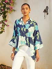 economico camicie, top e camicette-camicia corta in chiffon con stampa floreale verde da vacanza