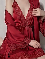 abordables Combinaisons pour femmes-Femmes Robe Chemise de Nuit Ensemble Pyjama Occasionnel Doux Satin Couleur Unie Dentelle Robes Quotidien Maison Lit manche longue Bretelles Noir Blanche Rose Claire Vin Marron Été Coupe régulière