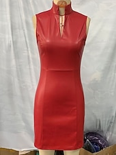 رخيصةأون فستان بسيط-نسائي فستان قصير لباس غير رسمي فستان شيث فستان من الجلد عتيق موضة الحديث مناسب للبس اليومي عطلة مناسب للخارج عادي سهل بدون كم مرتفعة أحمر الصيف الربيع