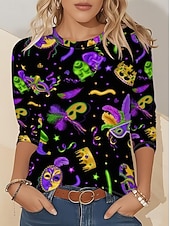 levne Dámské Mardi Gras Oblečení-Karnavalové dámské tričko s potiskem grafika geometrické vintage stylové moderní dlouhý rukáv klasický výstřih běžné topy denní víkendový potisk purpurová léto jaro