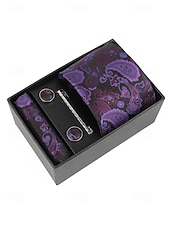 preiswerte Hochzeit ACC-Geschenkset für Herren aus Polyester mit Paisley-Muster: Krawatte, Manschettenknöpfe, Einstecktuch und Krawattenklammer – perfekt für Hochzeiten und als Geschenk.