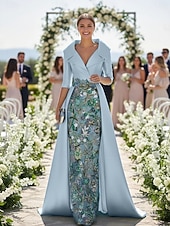 economico Lunghezza del pavimento-Linea ad A Tubino Colonna Lunghezza al pavimento Perline ricamate Abito da invitata a nozze Abito Formale Abito da cerimonia per signora Manica 3/4 Scollo a V Colletto a Camicia Elegante Vintage