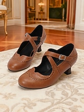 Χαμηλού Κόστους Ρετρό στυλ της δεκαετίας του 1950-Γυναικείες vintage καφέ γόβες Mary Jane με αγκράφα και brogue από απομίμηση δέρματος της δεκαετίας του 1950 – κομψές γόβες για επίσημες περιστάσεις, γραφείο και από το πρωί μέχρι το βράδυ