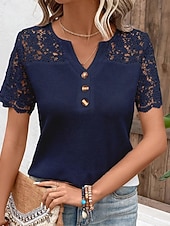 abordables Tops de Encaje-Mujer Blusa Tops de encaje Encaje Retazos Botones Plano Casual Manga Corta Escote en Pico Tops regulares Diario Festivos Noche Azul Marino Verano Primavera