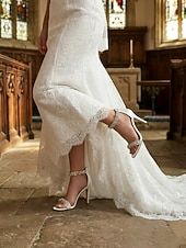 olcso Menyasszony-Luxus fehér menyasszonyi tűsarkú cipő templomi és hivatalos esküvőkre, kristályos bokapántos, nyitott orrú esküvői cipők menyasszonynak