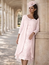 baratos Conjuntos de vestidos para mamãe-Duas Peças Linha A Longuette Vestido de convidada de casamento Vestido Para Mãe dos Noivos Manga Curta Decorado com Bijuteria Elegante Tamanhos Grandes Convidado do casamento Festa de Casamento