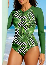 Недорогие Рашгард One Pieces-Жен. Стандартный Рашгард Геометрический принт тропический UPF50+ УФ-защита Быстровысыхающий Длинный рукав Боди Плавки-шорты Серфинг Гребля на каное Пляж  Лето