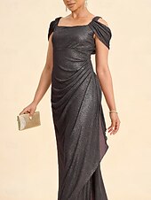 Χαμηλού Κόστους Φορέματα με παγιέτες-Γυναικεία Μακρύ φόρεμα Φόρεμα σε ευθεία γραμμή Κομψό Βραδινό Πάρτυ Επισκέπτης γάμου Γκλίτερ Σπινθηροβόλο Δίχτυ Κανονικό Συμπαγές Χρώμα Αμάνικο Ώμοι Έξω Ασημί