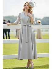 tanie Długość kostki-Krój A Do kostki Sukienka Derby Sukienka dla matki panny młodej Rękaw 3/4 W serek Klapa Elegancja Kentucky Derby Rozciągliwa krepa z Kokardki