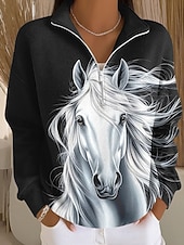 economico Animali Tops-Per donna Felpa Pullover Cerniera Grafico Animale Casual Manica Lunga Mezza zip Top Regolari Casuale Abbigliamento Quotidiano Ferie Bianco e nero Nero Bianco Grigio Autunno
