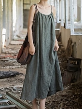 cheap Premium Linen Collection-Women's Midi Dress Cotton Linen Dresses Shift Dress Sundress Slip Dress Vintage Fashion Daily Outdoor Vacation Loose Fit Plain Sleeveless Straps Blue Teal White Yellow Summer Spring
