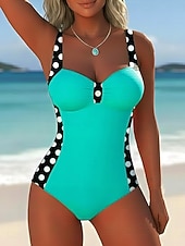 رخيصةأون مايوه قطعة واحدة-البيكيني النسائي من قطعة واحدة بتصميم نحيف مع حمالة تحتية بنقشة ألوان أنيقة لعطلة بنقاط البولكا هندسية ريشة بدون أكمام