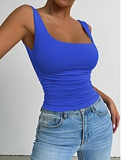 baratos Plain Tank-Women's Camisole Tank Top Solid Color Stylish Casual Sleeveless Square Neck Regular Tops Daily White Yellow Wine Red Royal Blue Summer