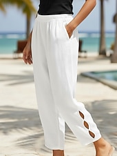 cheap Bottoms-Women's Cotton Linen Pants Chinos Summer Pants Vacation Streetwear Casual Full Length Medium Waist Plain Pocket Elastic Waistband Comfortable Breathable Inelastic Daily Outdoor Street White Sky Blue