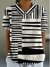 preiswerte Streifen- und geometrische Blusen-Damen Bluse Knöpfe Druck Grafik Geometrisch Täglich Stilvoll Lässig Kurzarm Hemdkragen Normale Oberteile Täglich Ferien Schwarz Gelb Rote Orange Sommer Frühling