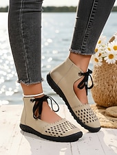 cheap Women's Flats-Women's Beige Perforated Lace-Up Comfort Shoes, Breathable Design, Flexible Non-Slip Sole for Walking, Travel and Everyday Casual Use