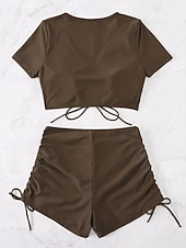 abordables Ensemble de bikinis-Femmes Maillots de Bain 2 pièces Shorts Maillot de bain Cordon de serrage Vacances Tenues de plage Couleur Unie Col en V Manches courtes Maillots de bain