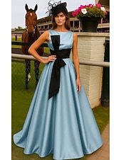 halpa A-linjaiset iltapuvut-A-linja Kokopitkä Derby-mekko Iltapuku Ball Gown Muodollinen mekko Tyylikäs Hihaton Venekaula-aukko Kentucky Derby Tasku Joustava satiini kanssa Rusetti(rusetit)