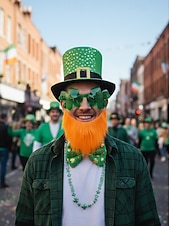 お買い得  アクセサリー-男性用聖パトリックの日のコスチュームセット - 緑のレプラコーンの帽子、蝶ネクタイ、ひげ、シャムロックのメガネ &amp;お祝いの休日にぴったりのネックレス