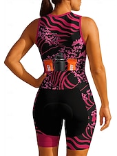 お買い得  ウィメンズトライアスロンウェア-女性用 サイクリングジャージー トライスーツ ダウンヒルジャージー ノースリーブ 夏 春 秋 ローズレッド+ブラック 幾何学模様 ライン／ウェイブ カーブ バイク サンスクリーン UV耐性 3Dパッド サイクリング 速乾性 スポーツ 衣類