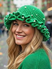 abordables Accesorios-Gorro de punto con trébol y perlas para mujer, varios colores, perfecto para el Día de San Patricio, Carnaval y uso diario.