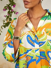 Недорогие рубашки, топы и блузки-короткая шифоновая рубашка с цветочным принтом и рукавами-летучками в стиле каникулярного зеленого цвета с асимметричным кроем