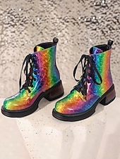 billige Damesko-Kvinnelige Mardi Gras regnbue snøres korte støvler - livlige festlige fottøy fargerik festivalstil komfortable blokkhæl støvler kostymer og feiringer