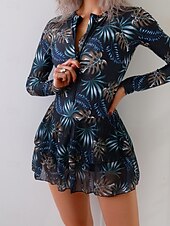 billiga Tankinis-Dam Badkläder Tankini 2 st Kjol Baddräkt Magkontroll Hög midja Smal Elegant Semester Blommig Rund hals Långärmad Baddräkter