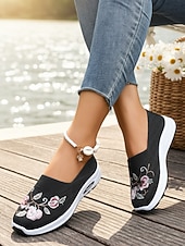 Χαμηλού Κόστους Γυναικεία Sneakers-Γυναικεία πράσινα slip-on αθλητικά παπούτσια με κέντημα λουλουδιών – αναπνεύσιμα πλεκτά παπούτσια για περπάτημα σε εξωτερικούς χώρους, ταξίδια και θηλασμό