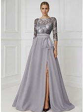 economico Abiti da Sera a Linea A-Linea ad A Lunghezza al pavimento Perline ricamate Abito Formale Abito da madre della sposa Abito da Sera Elegante Spacco Alto Manica 3/4 Girocollo Matrimonio Formale Raso Con Paillettes con