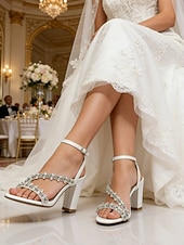 economico sposa-sandali bianchi con tacco a blocco per la sposa – scarpe da sposa impreziosite da cristalli con cinturino alla caviglia