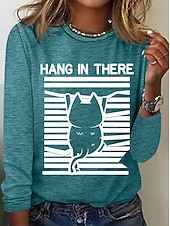 Χαμηλού Κόστους Τέχνη &amp; Σχεδίαση μπλουζάκι-Χριστούγεννα Γυναικεία Μπλουζάκι Στάμπα Γραφική Ζώο Γάτα Βίντατζ Μοντέρνα Στυλάτο Μακρυμάνικο Στρογγυλή Ψηλή Λαιμόκοψη Στρογγυλή Λαιμόκοψη Κανονικά μπλουζάκια Καθημερινά Σαββατοκύριακο