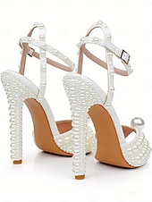 Недорогие Невеста-женские туфли на шпильке, украшенные жемчугом — элегантные свадебные туфли с ремешком на щиколотке и открытым носком