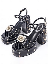 preiswerte Plattform Sandalen-Damen-Plateausandalen mit klobigem Absatz und Strasssteinen &amp;Perlenschnalle, glamouröse Metallic-Schuhe für Damen, perfekt für Partys im Nachtleben und Karnevalsfeiern.