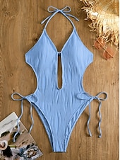 זול בגדי ים חלק אחד-בגד ים נשים חלק אחד חתכים סקסיים עם חוטי תיל מונוקיני דחיסת בטן מותן גבוהה דק ללא גב חופשת חוף צבעים מוצקים צוואר כפתף בלי שרוולים