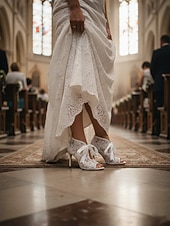 economico sposa-stivaletti alla caviglia da donna con punta aperta in pizzo bianco e nastro di raso – eleganti scarpe da sposa con tacco alto per la sposa