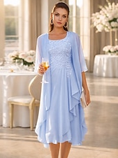  Duas Peças Linha A Até os Joelhos Vestido de convidada de casamento Vestido Para Mãe dos Noivos Sem Manga Scoop pescoço Elegante Convidado do casamento Festa de Casamento Chiffon Renda Vestidos de