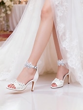 economico sposa-scarpe da sposa con tacco aperto e cinturino alla caviglia, eleganti sandali da sposa con tacco medio per la sposa, romantiche scarpe da cerimonia in pizzo floreale