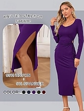 cheap Women-Women's long sleeve square neck waist pleat one side slit ribbed long dress