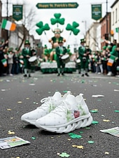  Damesko med irsk shamrock-trykk i flyknit-stil – lette, pustende tursko med polstret såle, avslappede joggesko for daglig bruk, parader, St. Patricks dag, reiser og utendørsaktiviteter