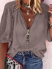 baratos Camisas Falsas Essenciais-Mulheres Blusa Tops elegantes Linho de algodão sintético Franzido Patchwork Zíper Côr Sólida Tecido Elegante senhoras à moda Manga 3/4 Decote V Tops regulares Diário Trabalho Para Noite Preto Camelo